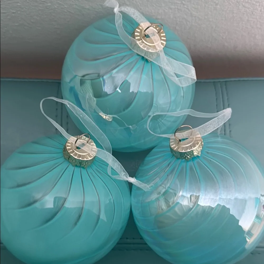 3 Large Iridescent Aqua Glass Holiday Ornaments